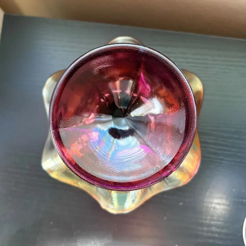 Antique Northwood Amethyst Rainbow Carnival Glass Pedestal Dish, Basket Weave
